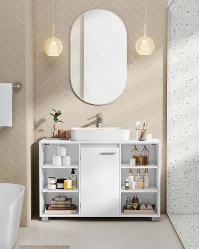 VASAGLE Waschbeckenunterschrank mit verstellbaren Ablagen - Moderne Waschbeckenunterschränke mit 6 offenen Fächern und 2 geschlossenen, ideal für die optimale Nutzung des Stauraums im Bad. Hochwertige Verarbeitung und einfache Reinigung sorgen für langanhaltende Freude.