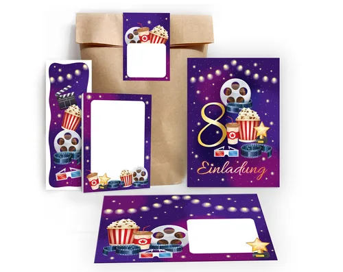 JUNAPACK Einladungskarten Kino Party zum 8. Geburtstag Einladungen mit Umschlägen Mitgebsel, Mitbringsel Set Gastgeschenke zum achten Kindergeburtstag Kino