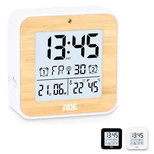 ADE Funkwecker digital CK2112 | 2 Weckzeiten | Temperatur- & Luftfeuchtigkeitsanzeige - Wecker der Marke ADE mit echtem Bambus-Gehäuse: Funkuhr mit DCF-Zeitsignal, zwei Weckzeiten und Hygrometer für optimales Raumklima.