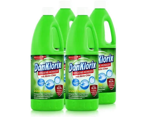 DanKlorix Hygiene-Reiniger Grüne Frische 1,5L - 4er Pack für strahlende Sauberkeit - Der DanKlorix Hygiene-Reiniger Grüne Frische bietet Ihnen kraftvolle Reinigungskraft für alle Oberflächen. Genießen Sie einen frischen Duft und einfache Anwendung für ein sauberes Zuhause!