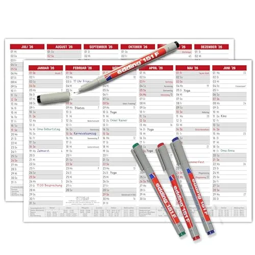 TOBJA abwischbarer Wandkalender 2026 A4 - "Bunter" Jahresplaner 2026 abwischbar, inkl. 4 Stifte. Tafelkalender 2026, Robuster Kalender A4