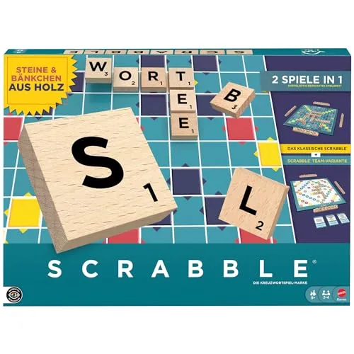 Scrabble Original Holz 2 in 1 - Klassisches Gesellschaftsspiel - Das beliebte Scrabble Original aus Holz bietet Spielspaß für die ganze Familie. Ideal für gesellige Spielabende und zur Förderung von Wortschatz und Kreativität.