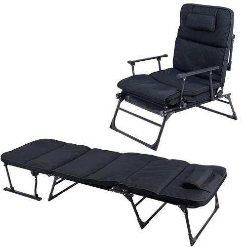 Gartenliege 2in1, Relaxsessel und Feldbett, schwarz - Camping-Möbel mit multifunktionalem Design: Nutzen Sie die hochwertige Gartenliege als Relaxsessel oder bequemes Gästebett. Ideal für Garten, Terrasse oder Balkon, platzsparend klappbar und mit 3 cm Polsterung für optimalen Komfort.