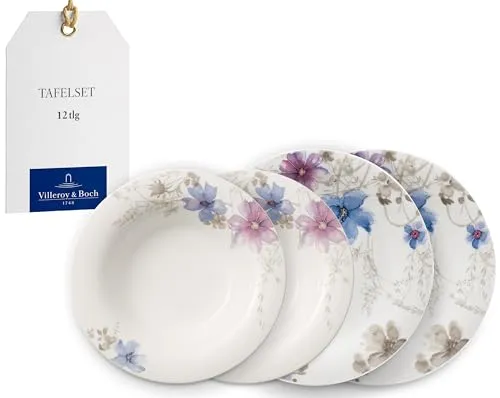 Villeroy und Boch Mariefleur Gris Basic Tafel-Set, 12 tlg. - Stilvolles Geschirr für jeden Anlass - Tafelservice aus Premium Porzellan mit floralem Muster, spülmaschinen- und mikrowellengeeignet. Ideal für besondere Anlässe oder den Alltag, perfekt für 6 Personen.