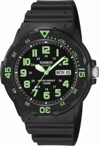 Casio MRW-200H-3B - Sportliche Herrenuhr in Schwarz - Herrenuhren mit Quarzwerk, 10 ATM wasserdicht und kratzfest. Ideal für Sport und Alltag, bietet eine grüne fluoreszierende Anzeige für optimale Lesbarkeit.