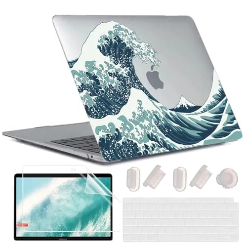 MUSHUI 4 in 1 Hülle Kompatibel mit MacBook Air 13 Zoll 2020 2019 2018 Freisetzung A2337 M1 A2179 A1932 Touch ID, Plastik Hartschale Snap Case & Tastaturschutz & Displayschutz, Wellen