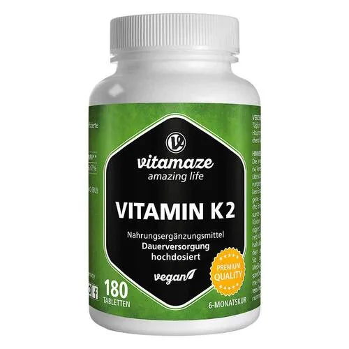 Vitamaze Vitamin K2 200 μg hochdosiert vegan - Nahrungsergänzungsmittel für eine optimale Blutgerinnung und Knochenstärkung, vegan und hochdosiert mit 200 μg Vitamin K2 pro Tablette.