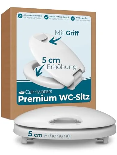 Calmwaters WC-Sitz Erhöht +5cm mit Griff und Absenkautomatik - Toilettendeckel mit 5 cm Erhöhung für mehr Komfort, ideal für Senioren. Antibakterielles Material und leises Schließen durch Absenkautomatik.