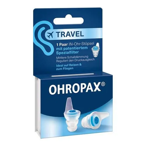 OHROPAX® Travel Filterstöpsel In-Ohr - Gehörschutz & Pflege des Gehörganges – Ideal für Reisen, reguliert den Druckausgleich beim Fliegen und bietet mittlere Schalldämmung für mehr Ruhe unterwegs.