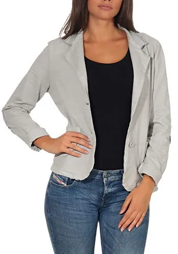 Malito Damen Blazer im Used-Look mit Ellenbogen-Patches - Funktionsjacken – Sportlicher Kurzblazer mit nostalgischen Ellenbogenpatches, knöpfbarer Tragevariante und angenehmem Tragekomfort für jeden Tag.
