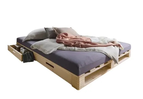 Palettenbett 'Finja' 140x200cm mit Schubkästen - Modernes Palettenbett aus massivem Kiefernholz, unbehandelt und mit praktischen Schubkästen für zusätzlichen Stauraum. Ideal für ein stilvolles Schlafzimmer.