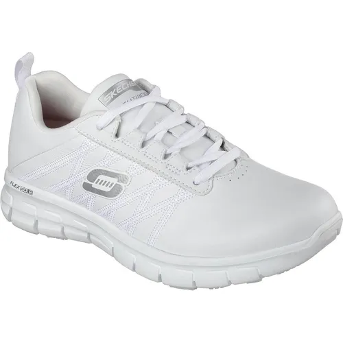 Skechers Damen Sure Track Erath Slip On Sneaker, Weiße Leder-Sneaker - Damen-Sneaker mit rutschfester, ölbeständiger Gummi-Außensohle und bequemem Skechers Memory Foam für den ganzen Tag.