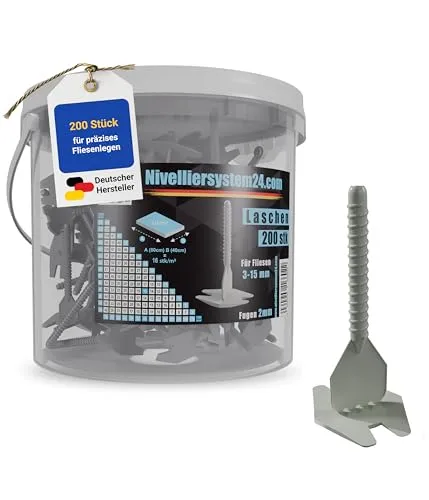 Nivelliersystem24.com Zuglaschen für Fliesen - Fliesenkeile, 200 Stück + Eimer, ideal für präzise Fliesenverlegung mit 2 mm Fugen bei Fliesenstärken von 3-15 mm.