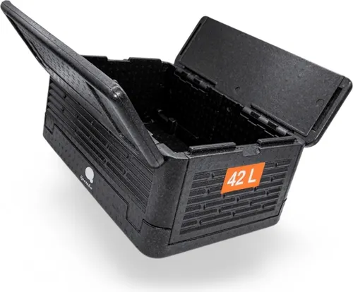 Faltbare Thermobox schwarz - 42 L für Warmhalten und Kühlen - Praktische Thermobox (60 x 41 x 25 cm) aus Styropor mit isolierendem Deckel. Ideal für den Transport von warmen und kalten Speisen. Hohe Isolierung und handliche Griffmulden für bequemes Tragen.