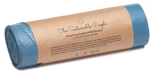 TSP Recycling Zugband Müllbeutel 35L - zu mind. 90% aus Post-Consumer-Abfällen (PE) - Blauer Engel zertifiziert - sicher & reißfest - für den Restmüll und die Wertstoffsammlung (35 Liter (15 Stück))