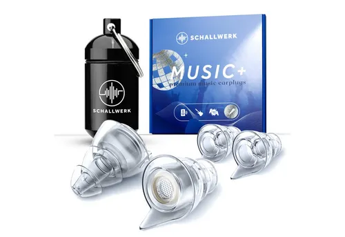 Schallwerk Gehörschutzstöpsel ® Music+ - Gehörschutz für Musiker, dämpft Lärm ohne Klangverlust, ideal für Konzerte und Proben, transparentes Design für unauffälligen Tragekomfort.