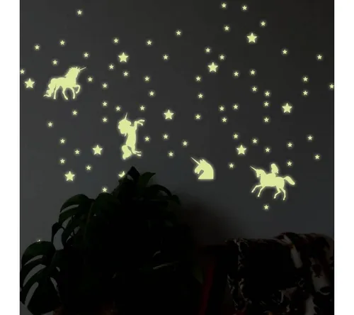 K&L Wall Art Wandtattoo Leuchtsterne Einhorn 200er Set Gelb 40x30cm selbstklebend, Kinderzimmer Leuchtbild