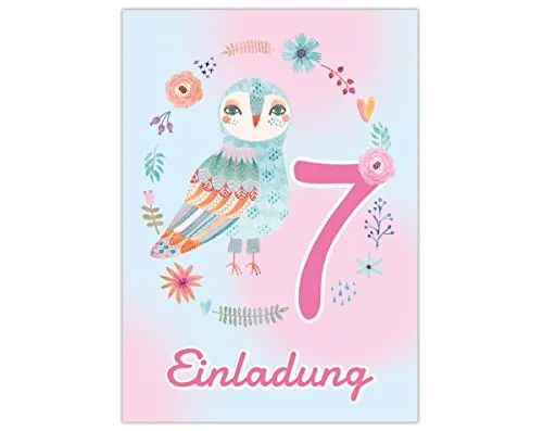 Junapack 12 Einladungskarten zum 7. Kindergeburtstag Einladung zum siebten Geburtstag Mädchen Eule