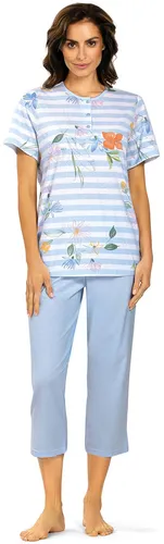 Damen Schlafanzug Pyjama COMTESSA 7/8 Hose 100% Baumwolle Kurzarm hellblau Gr.38