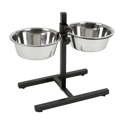 Kerbl Futterbar inklusive Edelstahlnäpfe, Stufenlos Verstellbarer Hunde Fressnapf, 2 x 2800 ml, Höhe 43 cm, Schwarz