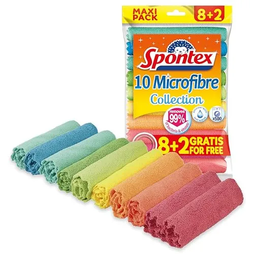 Spontex Microfibre Allzwecktücher 8+2 Gratis - Wiederverwendbare Reinigungstücher in 10 Farben, extrem saugfähig und chemiefrei, ideal für alle Oberflächen in Küche und Bad.