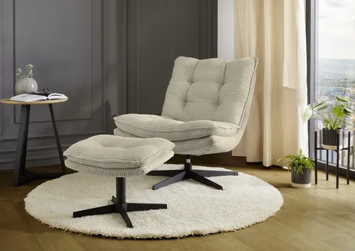KASPER Relax-Sessel drehbar mit Hocker Cord Greige - Eleganter Relax-Sessel mit drehbarem Gestell und passendem Hocker in Cord Greige. Ideal für Ihr Wohnzimmer, bietet er höchsten Komfort und stilvolles Design.