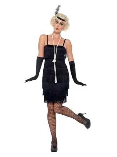 Smiffys Flapper Kostüm, Schwarz - Elegantes Flapper-Kostüm für Erwachsene, inklusive kurzem Kleid, Kopfschmuck und Handschuhen. Ideal für Themenpartys und mit geprüfter Sicherheit für unbeschwerten Spaß.