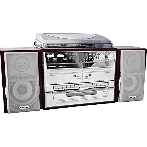 Karcher KA 320 Plattenspieler mit CD-Player - Kompaktanlage mit Kassettendeck, UKW Radio und USB-Anschluss für vielseitigen Musikgenuss, inklusive Fernbedienung und in modernem Design.