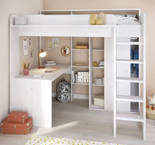 Parisot Hochbett Higher mit Schreibtisch und Kleiderschrank - Praktisches Stauraumbett 90x200 cm mit 4 geschlossenen und 7 offenen Fächern, ideal für Kinderzimmer und platzsparende Lösungen.