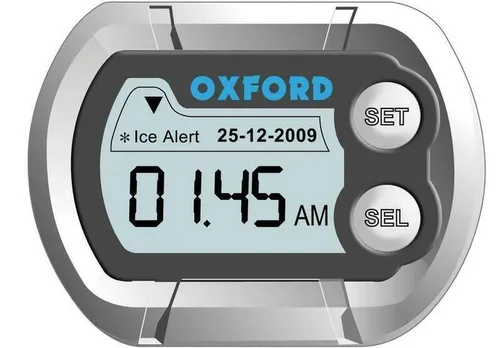 Digitale Mini Uhr für Motorräder OXFORD - Schwarz - E-Scooter Zubehör mit Eisalarmfunktion, überwacht die Temperatur und bietet ein hintergrundbeleuchtetes Display für sichere Fahrten bei Dunkelheit.
