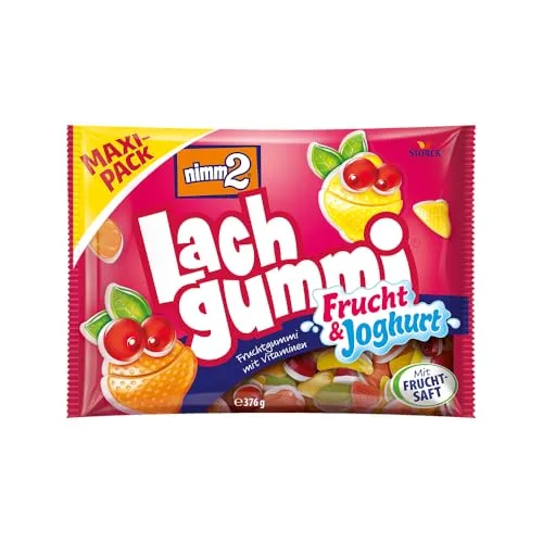 Nimm2 Fruchtgummis Lachgummi Frucht und Joghurt, 376g - Softe Fruchtgummis mit feinem Joghurtgeschmack, ideal für einen fruchtigen Snack. Enthält Fruchtsaft und Vitamine, erhältlich in sechs köstlichen Sorten.
