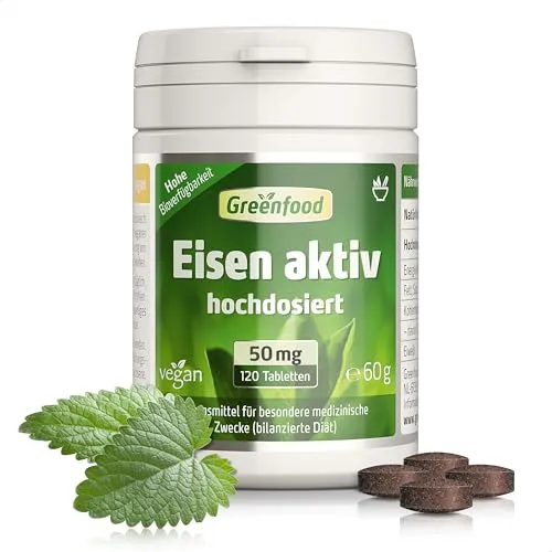 Eisen aktiv, hochdosiert - 50mg Tabletten von Greenfood - Eisenpräparate, 120 vegane Tabletten mit 50mg Eisenbisglycinat für hohe Bioverfügbarkeit, ideal gegen Müdigkeit und Erschöpfung bei Eisenmangel.