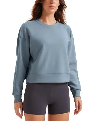 CRZ YOGA Damen SoftAura Oversized Sweatshirt Langarm Shirt Basic Workout Lässig Rundhalsausschnitt Pullover Belgisches Blau 40