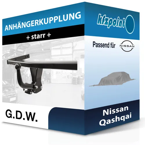 Nissan Qashqai I/I +2 Anhängerkupplung starr von G.D.W. - Starr Anhängerkupplung für Nissan Qashqai I/I +2, keine Eintragung in Fahrzeugpapiere nötig, ideale Lösung für hohe Anhängelasten bis 2000 kg.