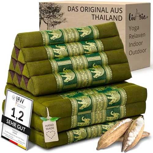 livasia Thaikissen 3 Auflagen Thaiseide - 175x55x8cm - Dreieckskissen mit Klappmatratze, Rückenkissen faltbar, Thaimatte zum Klappen, Kapok handgefertigt, Meditationskissen (Grün/Elefanten Seide)