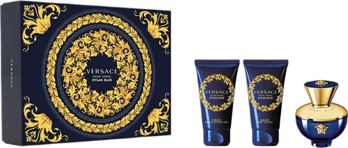 Versace Pour Femme Dylan Blue Set – Eau de Parfum, Duschgel & Körperlotion - Elegantes Geschenkset mit Eau de Parfum (50ml), Duschgel (50ml) und Körperlotion (50ml). Erleben Sie den blumigen Duft von Dylan Blue, der Frische und Sinnlichkeit vereint – perfekt für die starke, unabhängige Frau.