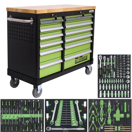 TRUTZHOLM Werkstattwagen DELUXE mit 2 x 6 Schubladen - Werkstattwagen mit massiver Arbeitsfläche aus Holz und Profi Schubladenauszügen für bis zu 40kg Tragkraft, ideal für professionelle Werkstätten.