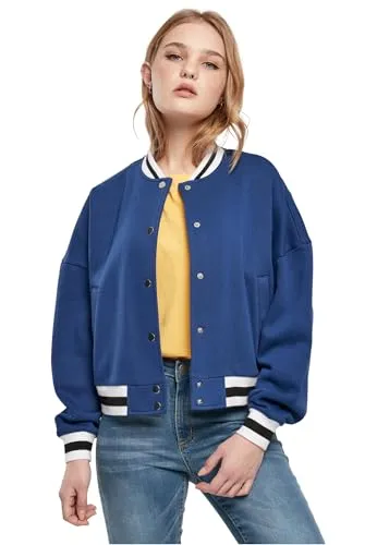 Urban Classics Damen Oversized College Sweat Jacket Spaceblue, S - Stylische, weite College Jacke aus softem Sweat-Material. Der Oversize Fit und die gestreiften Bündchen sorgen für einen lässigen Look. Ideal für entspannte Freizeitoutfits.