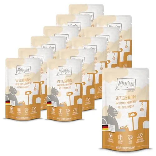 MjAMjAM - Premium Nassfutter für Katzen - Quetschie - Huhn mit Möhrchen, 12er Pack (12 x 125 g) - 🍗 Huhn und Möhrchen in einer praktischen 125g Packung – ideal für kleine Portionen. 🌿 Getreidefreies Futter mit hohem Fleischanteil, perfekt für eine artgerechte Ernährung. 🏡 Zutaten von regionalen Bauernhöfen, sorgfältig ausgewählt und kontrolliert.
