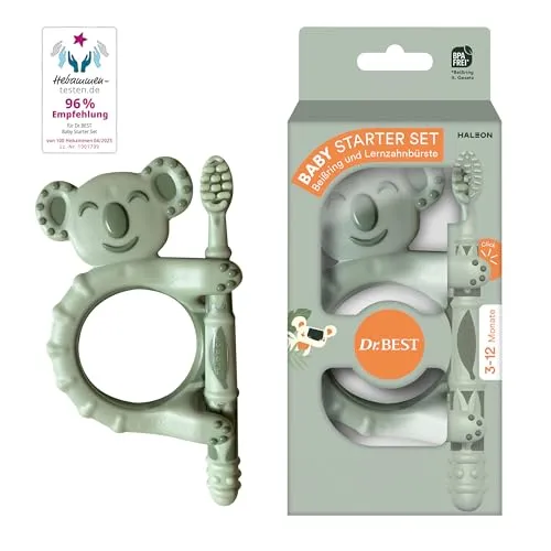 Dr.BEST Baby Starter Set Zahnbürste Kinder - Bürsten, Kämme & Harken - Beißring und Lernzahnbürste für Babys, entwickelt mit Experten für sanfte Zahnpflege und Unterstützung bei Zahnungsbeschwerden.