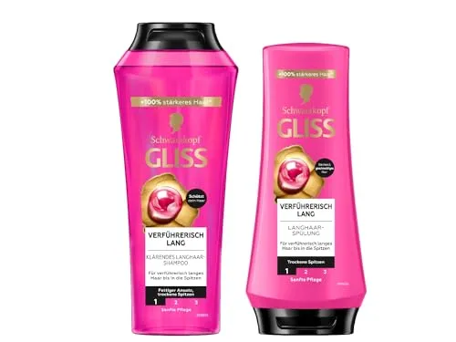 Gliss Shampoo Verführerisch Lang (250 ml), Haarshampoo mit Biotin-Komplex & Pfingstrose, Pflegeshampoo & Spülung Verführerisch lang (200 ml), Haarspülung Conditioner pflegt