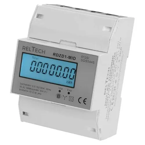 Reltech Drehstromzähler digital RDZD1-MID, 100 A - MID-geeichter 3-phasiger Drehstromzähler mit 7-stelliger LCD Anzeige und Hintergrundbeleuchtung, ideal für präzise Energieüberwachung in 3- oder 4-Leitersystemen.