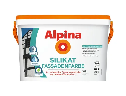 Alpina Fassadenfarbe Silikat - Weiß Matt - Fassadenfarbe für den Außenbereich, witterungsbeständig und atmungsaktiv, ideal für Beton und Mauerwerk. Enthält UV-Schutz und sorgt für langlebige Ergebnisse.