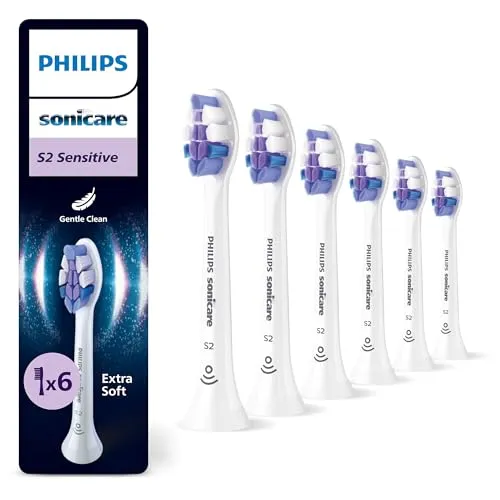 Philips Sonicare S2 Sensitive Ersatzbürstenköpfe, 6er-Pack - Ersatzzahnbürsten für empfindliche Zähne: Sanfte Reinigung mit 62.000 Borstenbewegungen und biobasiertem Kunststoff, ideal für eine gründliche Mundpflege.