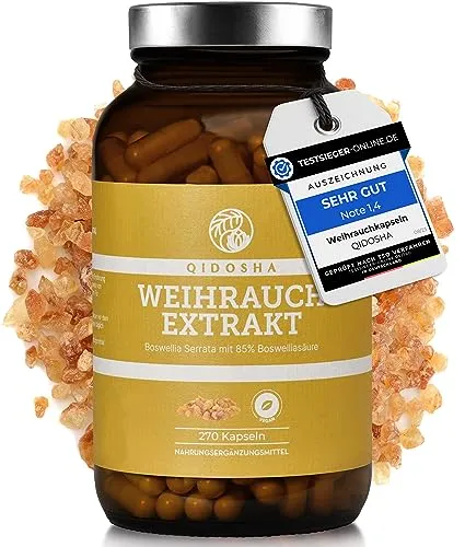 QIDOSHA® Boswellia serrata Weihrauchkapseln hochdosiert - TESTSIEGER 08/23 - Boswellia Serrata, hochdosiert mit 500mg pro Kapsel, 85% Boswellia-Säure, ohne chemische Lösungsmittel, verpackt in lichtgeschütztem Apotheker-Braunglas für optimale Qualität.