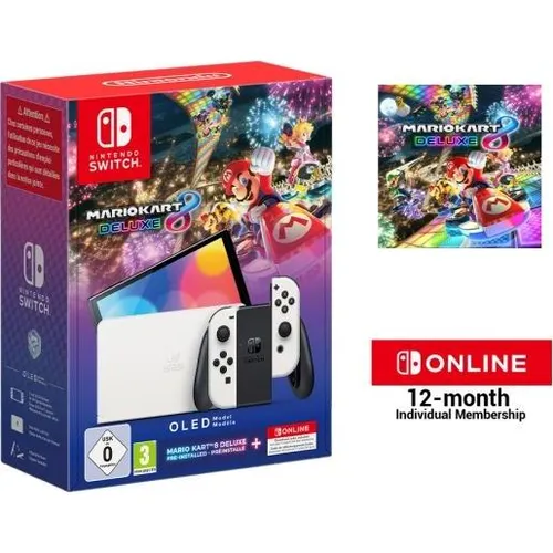 Nintendo Switch OLED-Modell (weiss) mit Mario Kart 8 Deluxe & 12 Monate Switch Online - Konsolen, erlebe Gaming in brillanter OLED-Qualität und spiele online mit Freunden dank der 12-monatigen Mitgliedschaft.