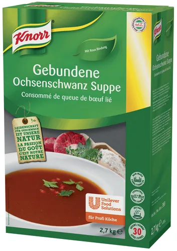 Knorr Ochsenschwanzsuppe Trockenmischung mit Rosmarinnote 1er Pack - Tütensuppen für die professionelle Küche, ideal für Großverbraucher. Schnelle Zubereitung mit kräftigem Oxtail Geschmack und feiner Rosmarinnote.