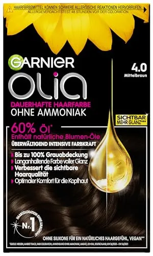 Garnier Olia Haarfarbe Nr. 4.0 Mittelbraun – Ammoniakfrei - Dauerhafte Haarfarbe mit 60 % pflegenden Ölen für lebendige Farbtiefe und perfekte Grauhaarabdeckung. Cremige Textur für einfache Anwendung und intensiven Glanz. Erlebe Pflege und Farbe in einem!