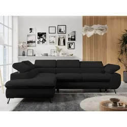 Ecksofa Peter - Schwarz, L-Form mit Schlaffunktion und Bettkasten - Sofa in stilvollem Design mit hochelastischem HR-Schaum für hohen Komfort. Verstellbare Kopfstützen und praktischer Bettkasten bieten Flexibilität und Stauraum, ideal für moderne Wohnzimmer.