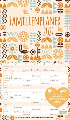 Familienplaner Recyclingpapier 2027: Nachhaltiger Familienkalender mit 6 breiten Spalten. Mit Ferienterminen, extra Spalte. 27 x 46 cm